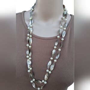 Vintage Silver Filigree Leaf & Pearl Opera Length Necklace - Long Layering Boho